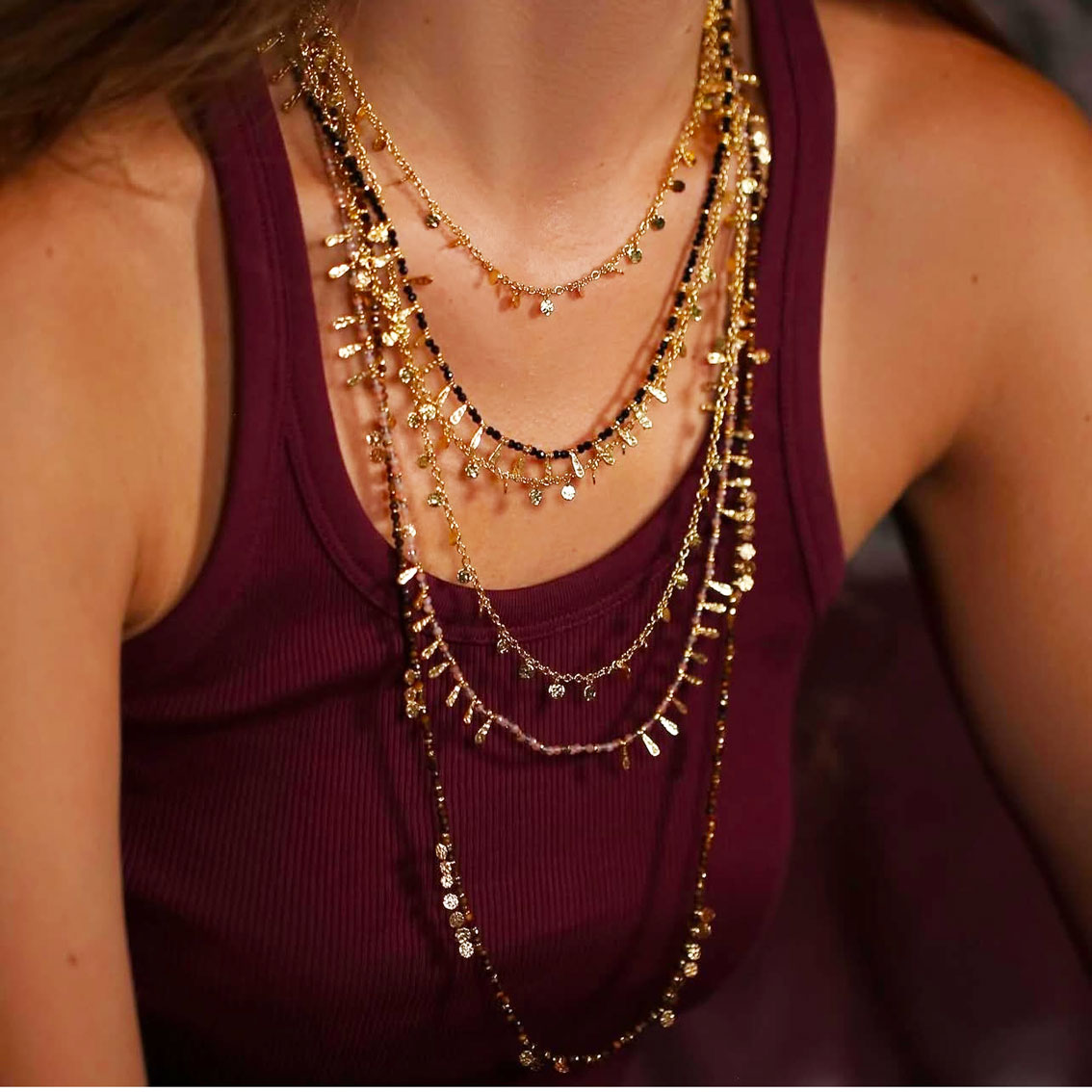 Boho-Kette Gold und grünem Achat Pink Sand Mayfair