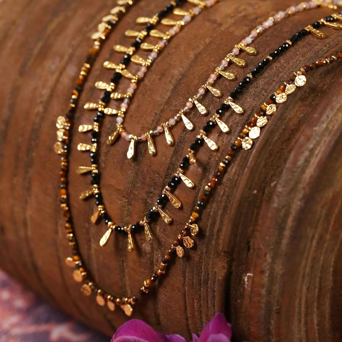 Boho-Kette Gold und grünem Achat Pink Sand Mayfair