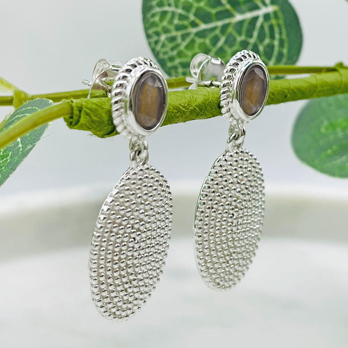 Boho Ohrringe Silber mit braunem Rauchquarz Pink Sand Orne