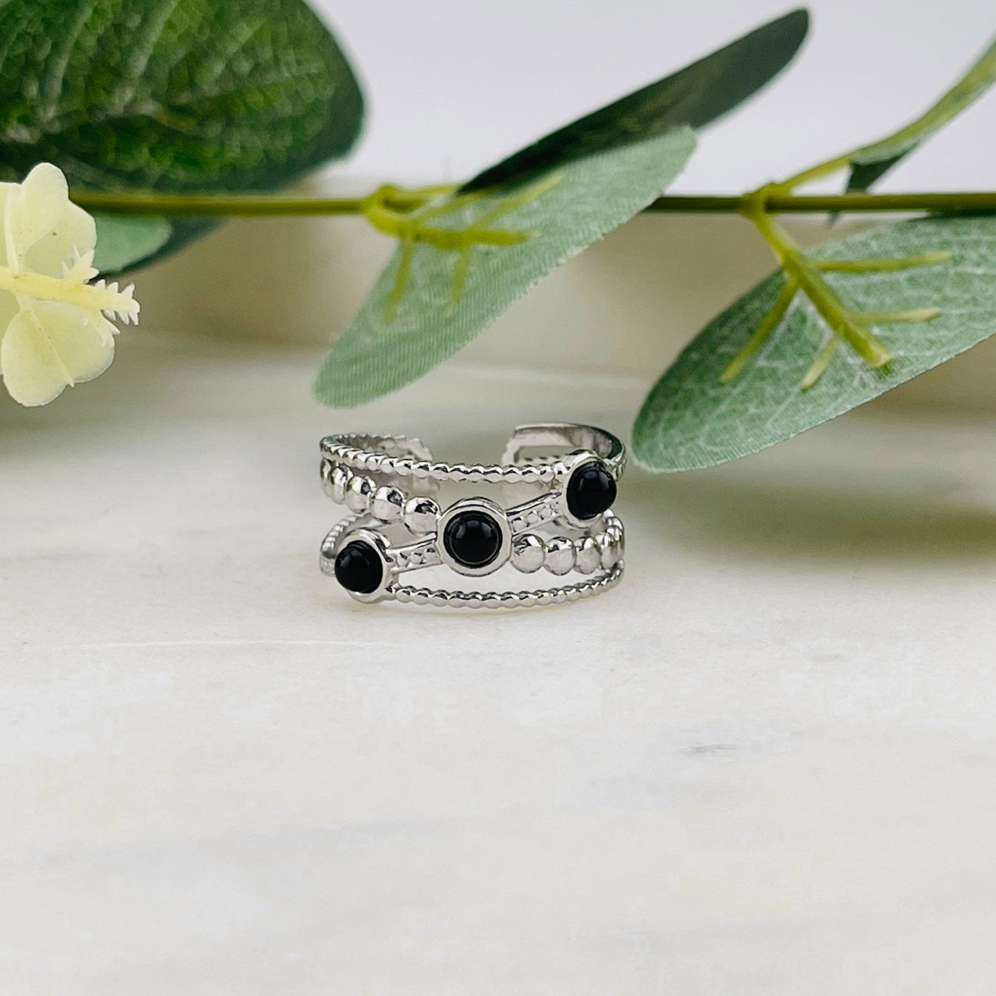Boho Ring Silber mit schwarzen Steinen Orelie