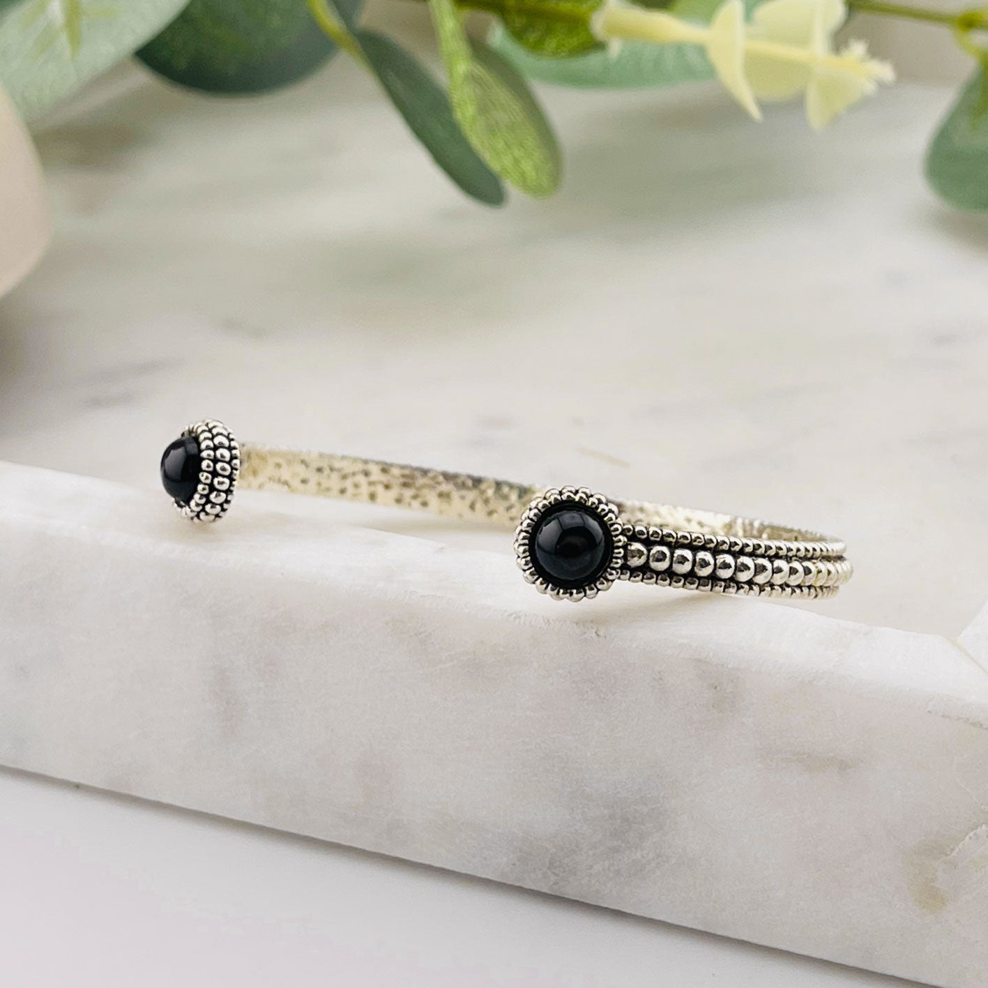 Boho Vintage Armspange Silber mit schwarzem Perlmutt Louna