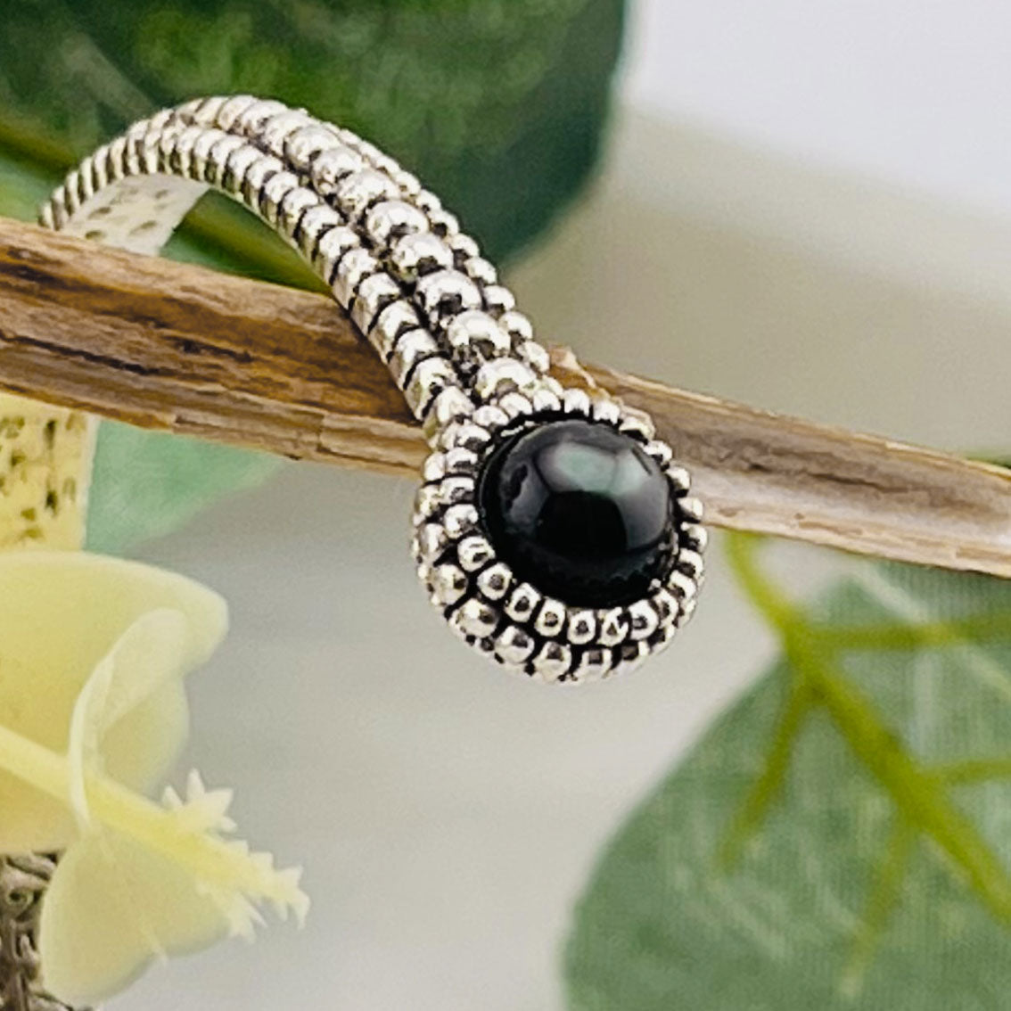 Boho Vintage Armspange Silber mit schwarzem Perlmutt Louna