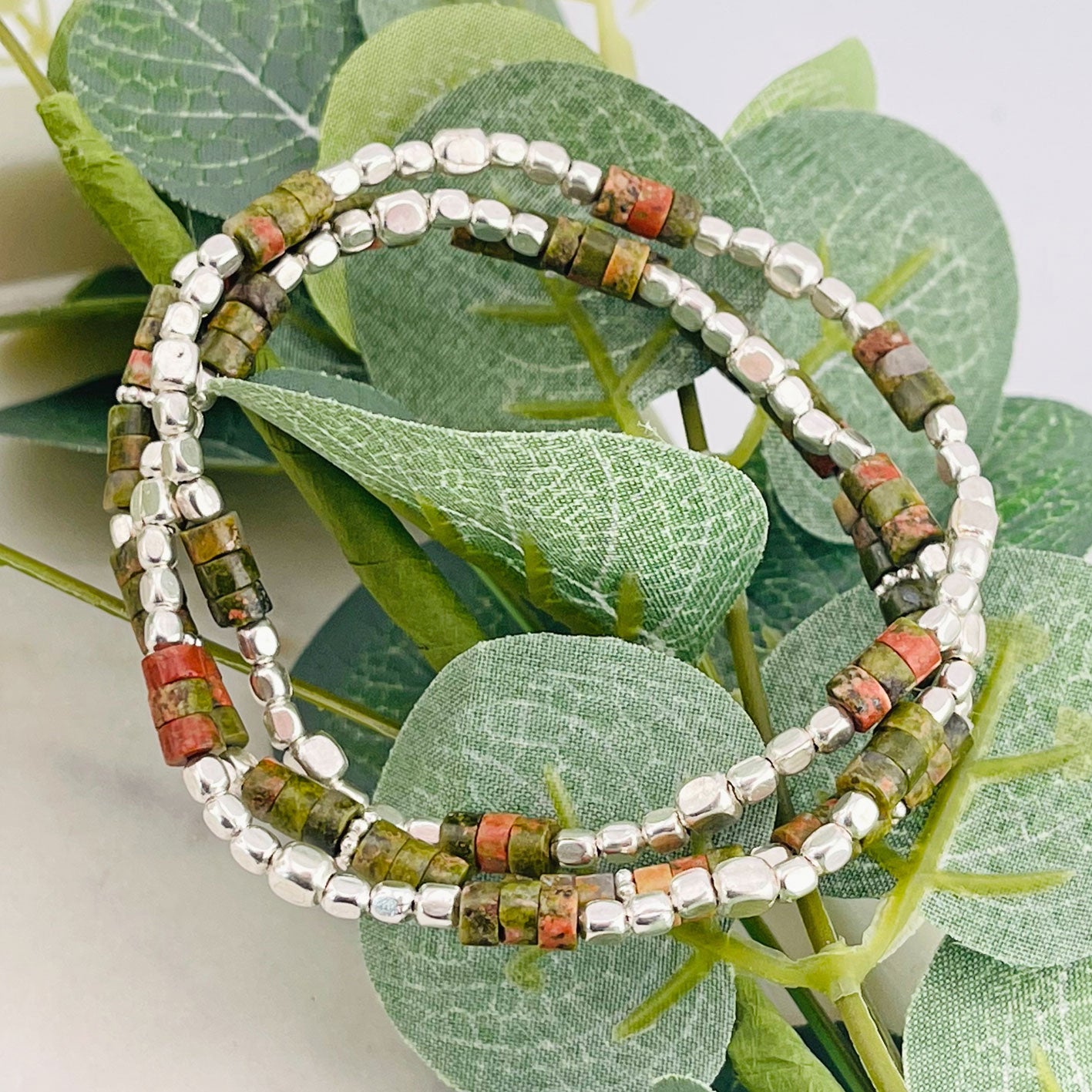 Elastisches Armband-Set Silber grüne Perlen Sarton