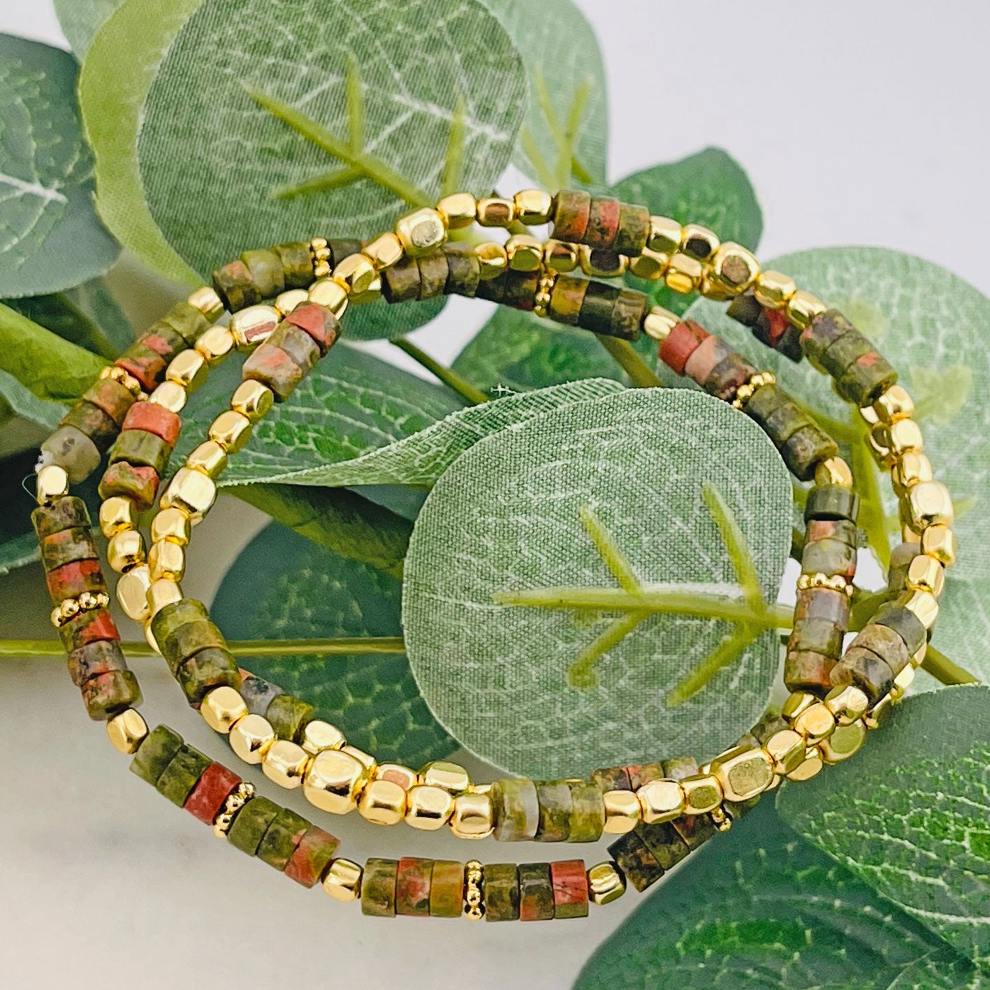 Elastisches Armband-Set gold grüne Perlen Finch