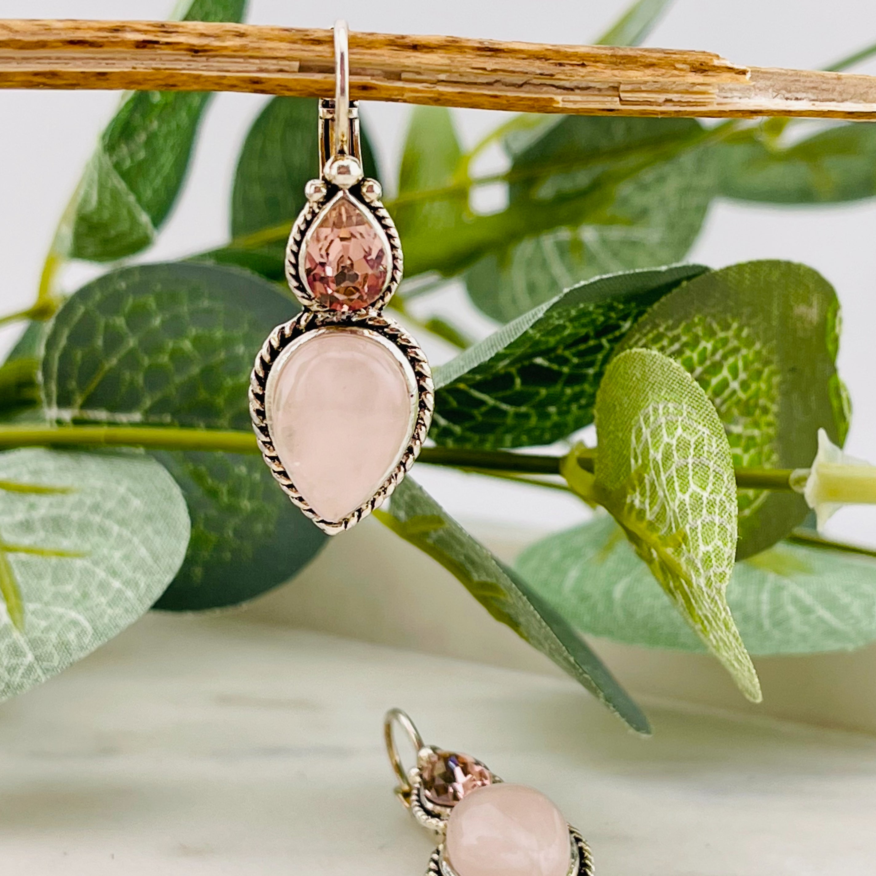 Vintage Ohrhänger Silber Rosenquarz und rosé Swarovski Amalia