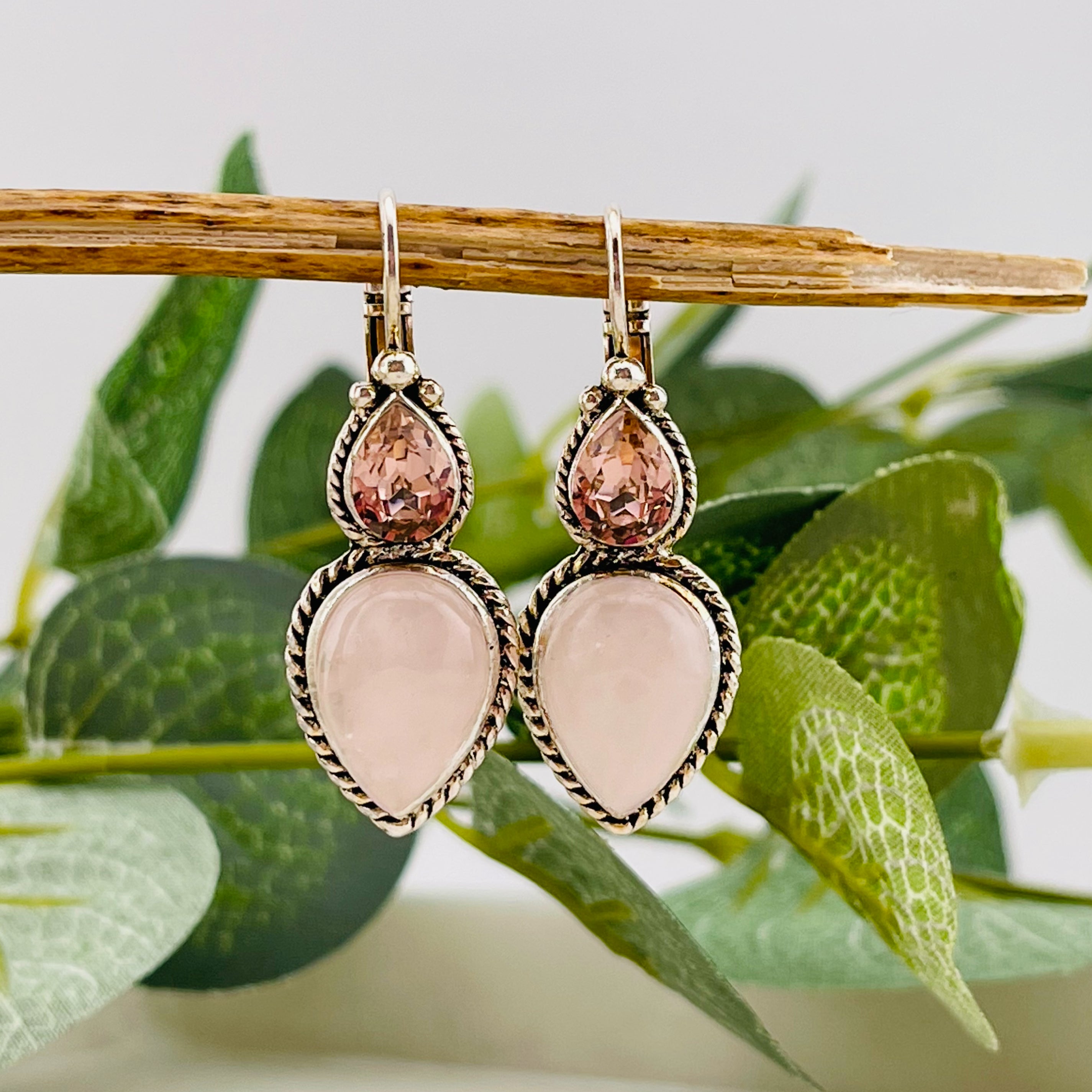 Vintage Ohrhänger Silber Rosenquarz und rosé Swarovski Amalia