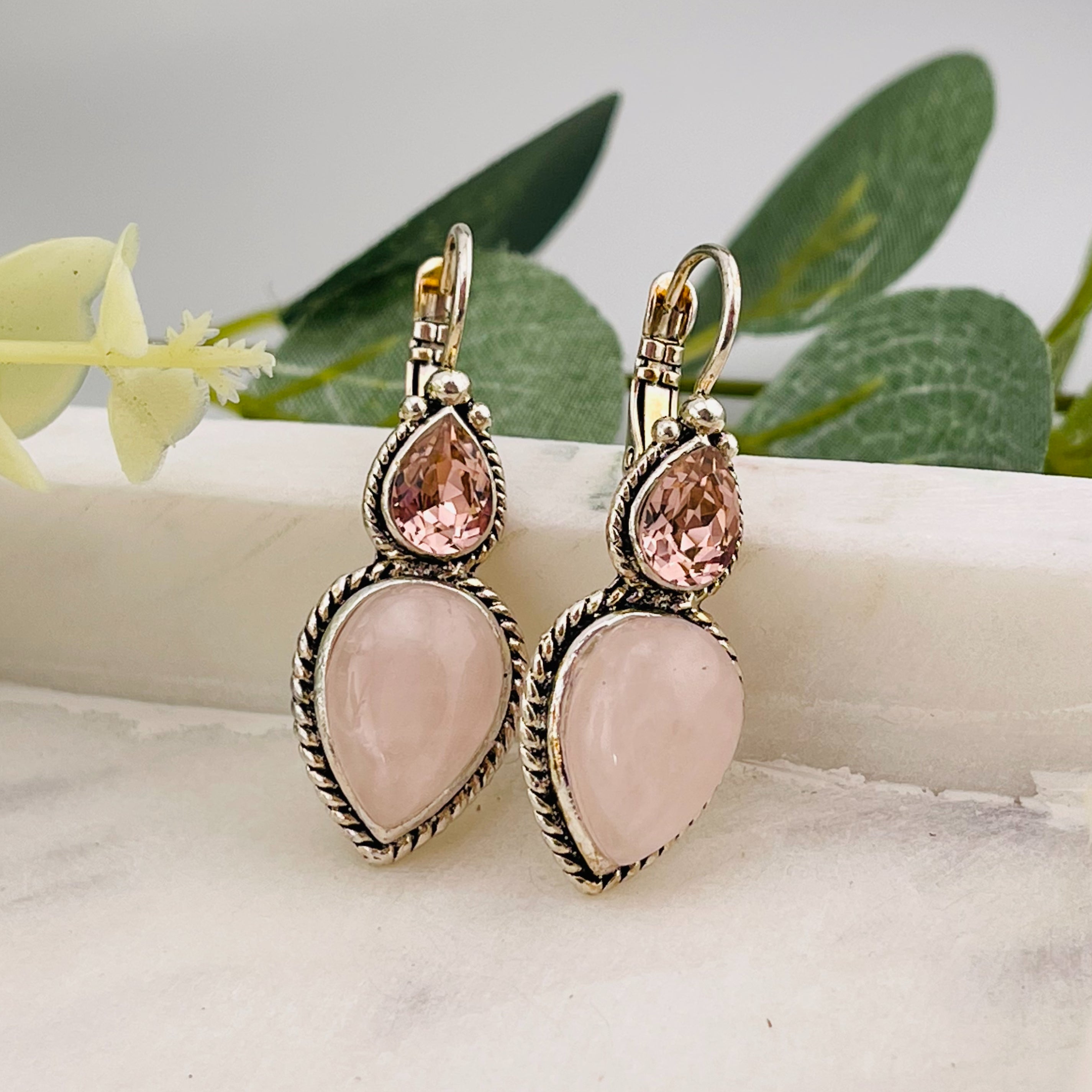 Vintage Ohrhänger Silber Rosenquarz und rosé Swarovski Amalia