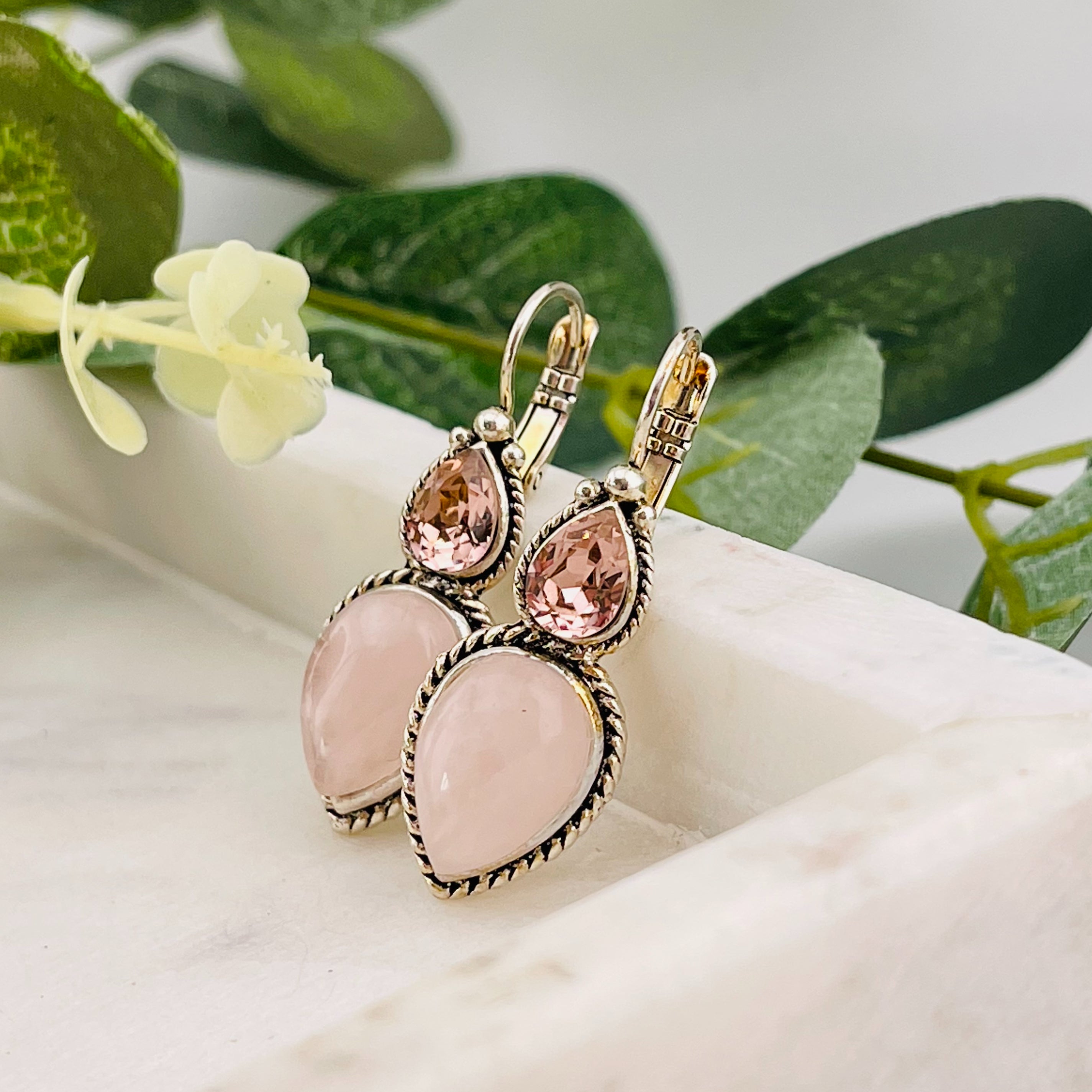Vintage Ohrhänger Silber Rosenquarz und rosé Swarovski Amalia