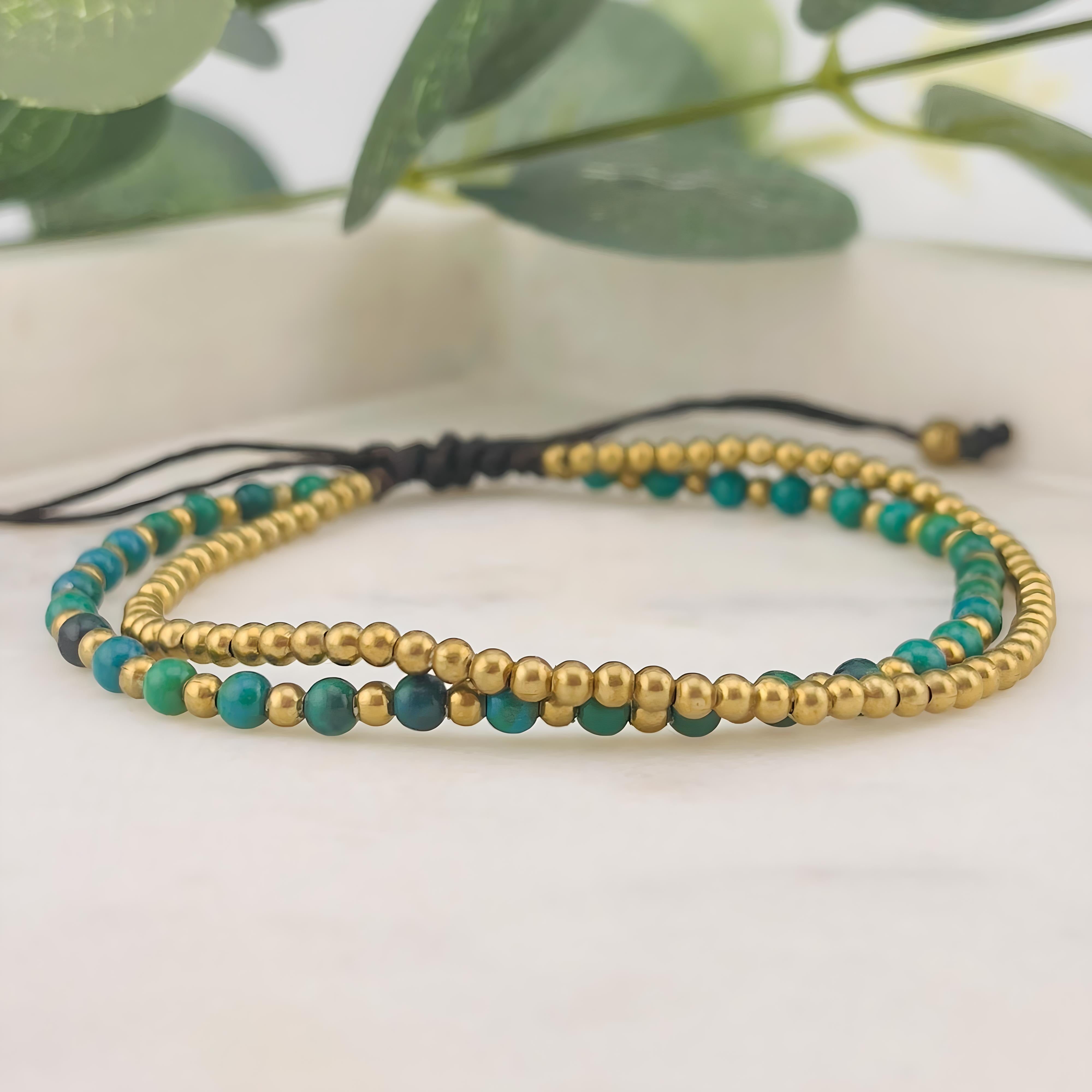 Boho Perlenarmband in Blau Grün Gold Johana