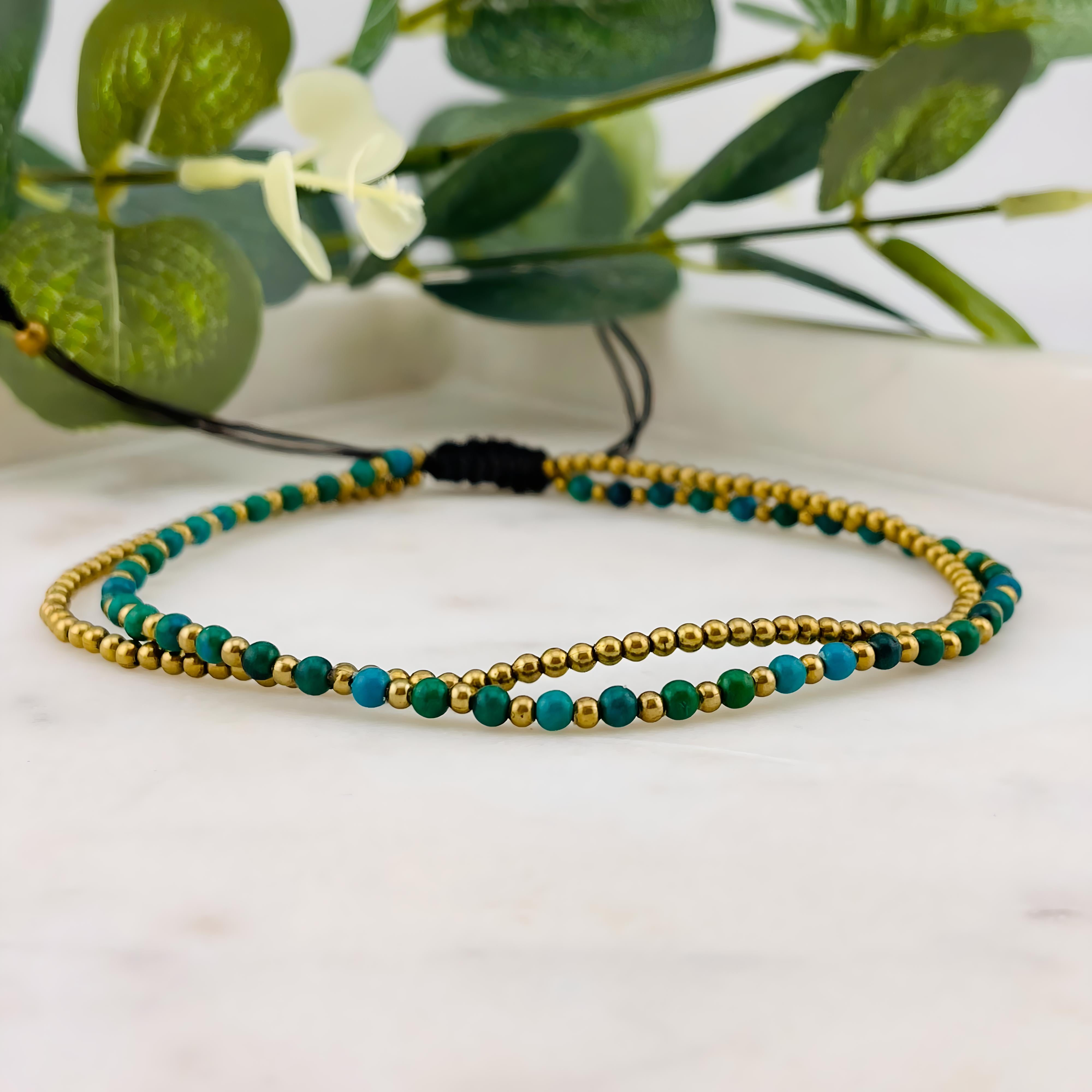 Boho-Fusskettchen mit Perlen in Gold und Grün Elli