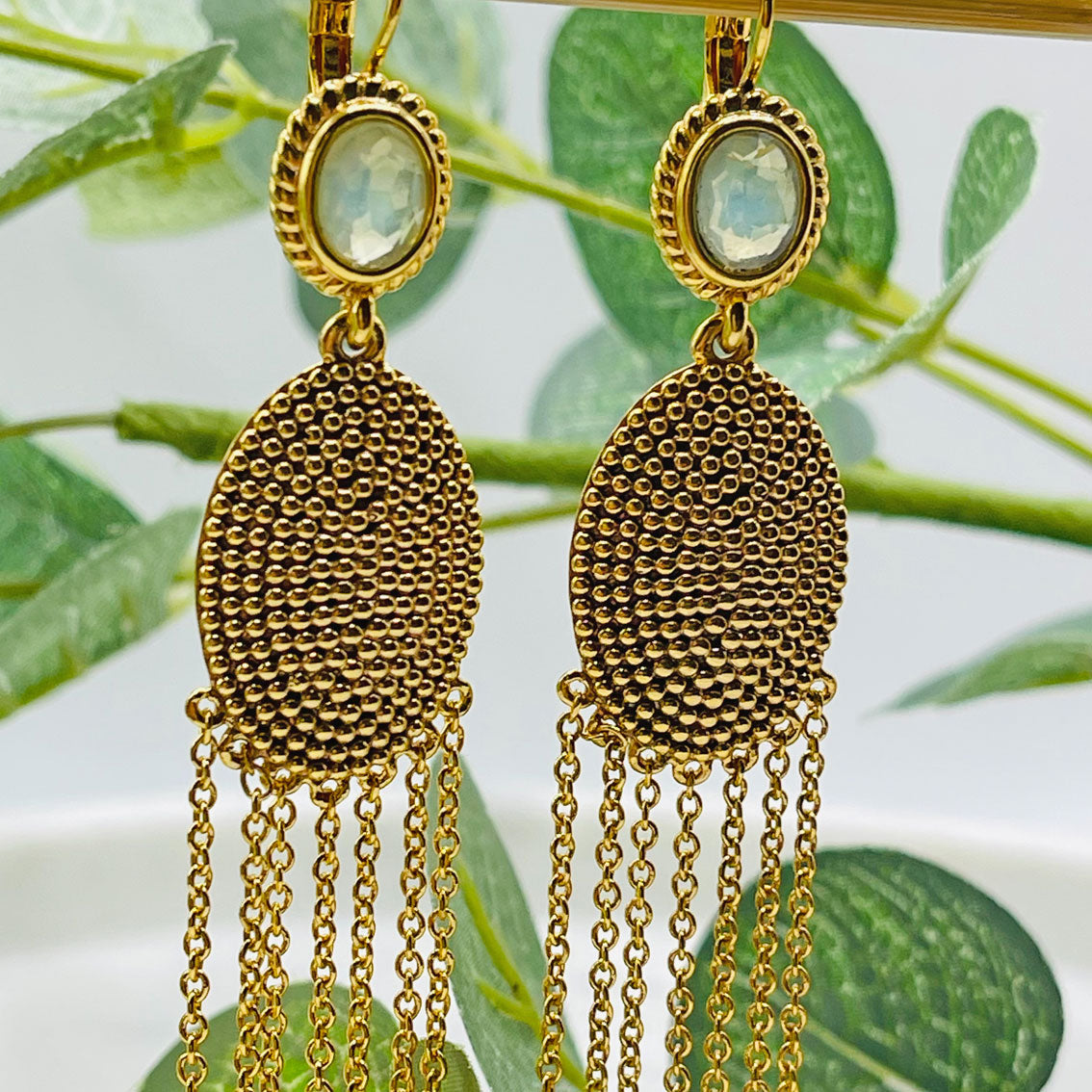 Longues boucles d'oreilles en or avec agate bleue, style bohème, Pink Sand Walonine