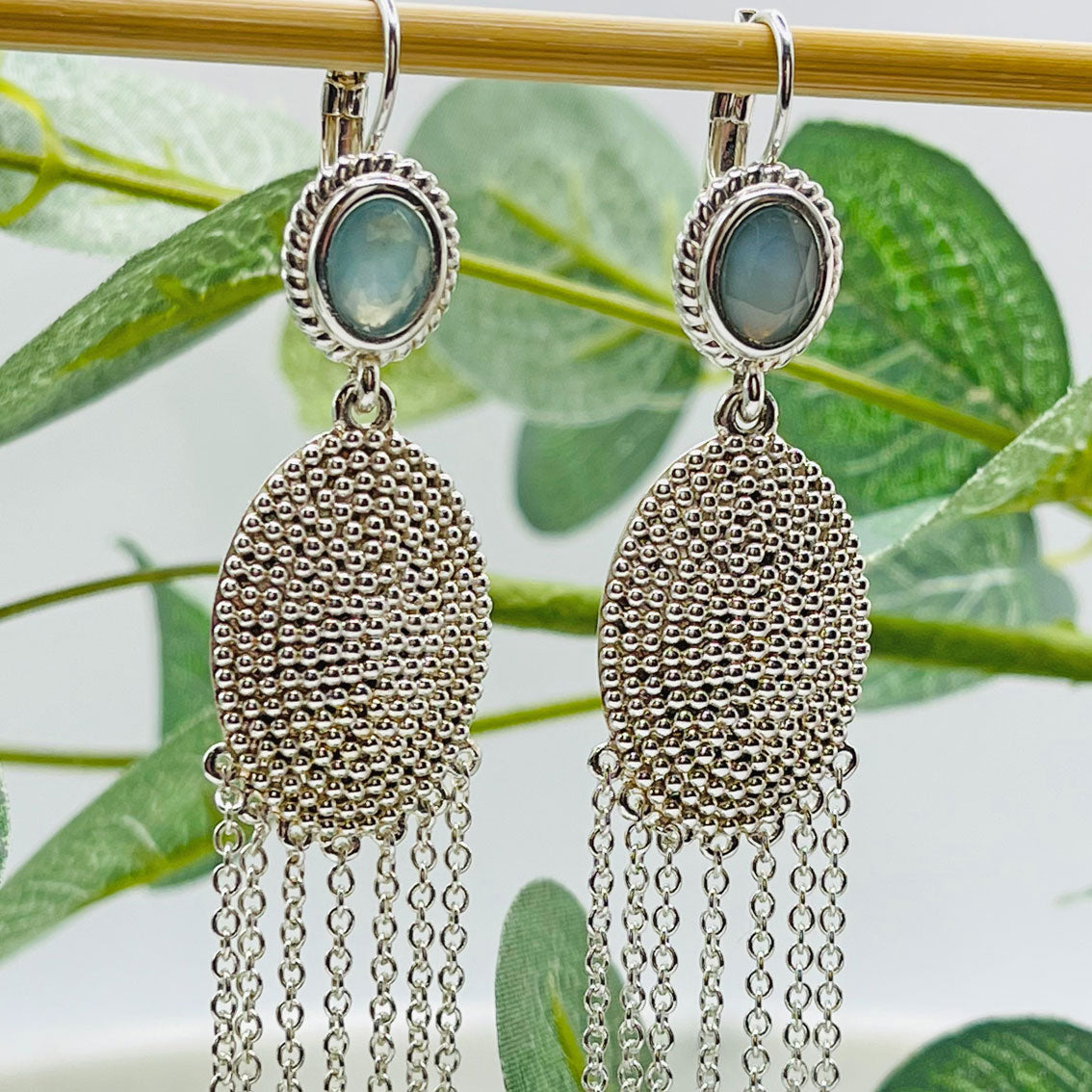 Lange Silber-Ohrringe mit blauem Achat Boho-Style Pink Sand Celestyne