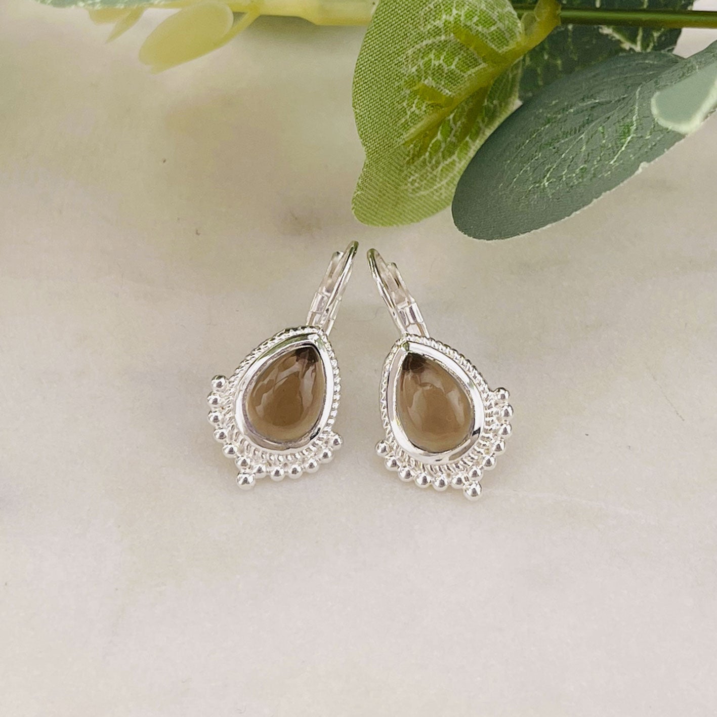 Vintage Ohrhänger Silber mit Rauchquarz Tropfen Pink Sand Zehra