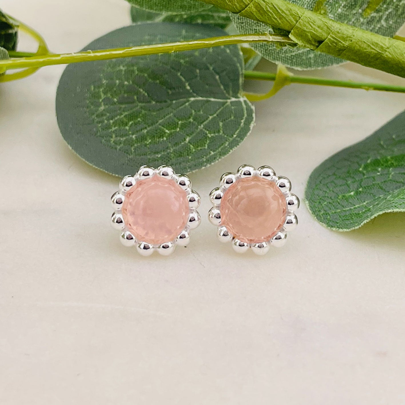 Vintage Ohrstecker Silber mit Rosenquarz Stein Donis