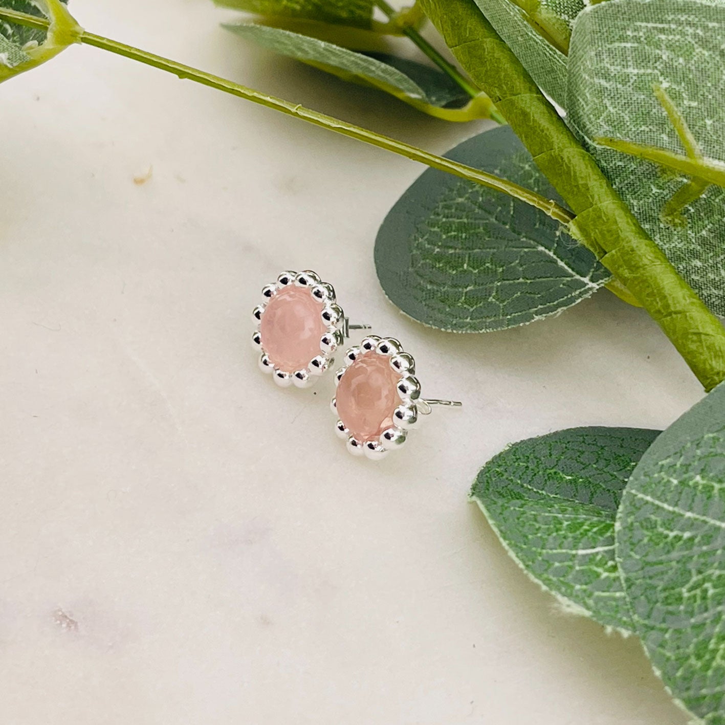 Vintage Ohrstecker Silber mit Rosenquarz Stein Donis