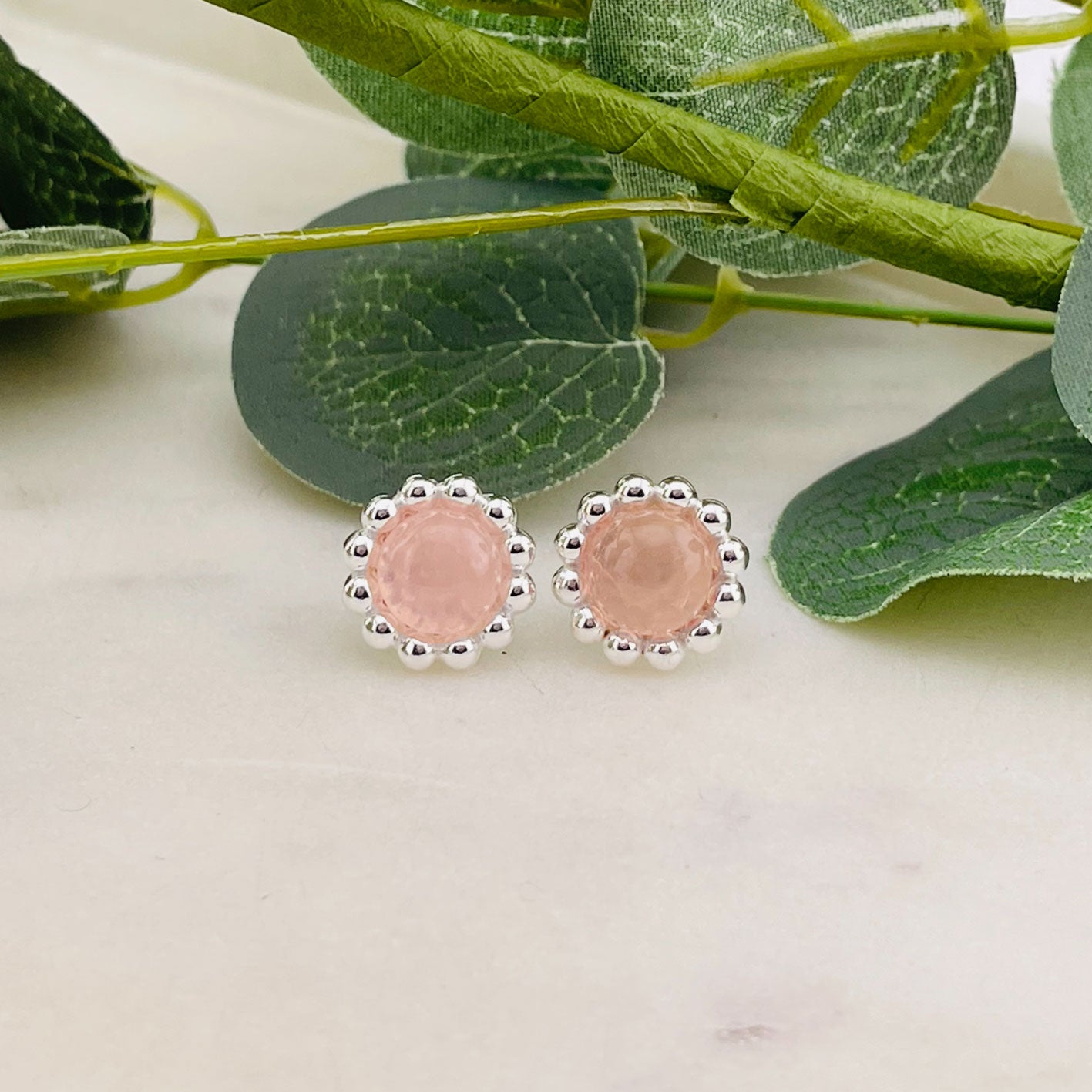 Vintage Ohrstecker Silber mit Rosenquarz Stein Donis