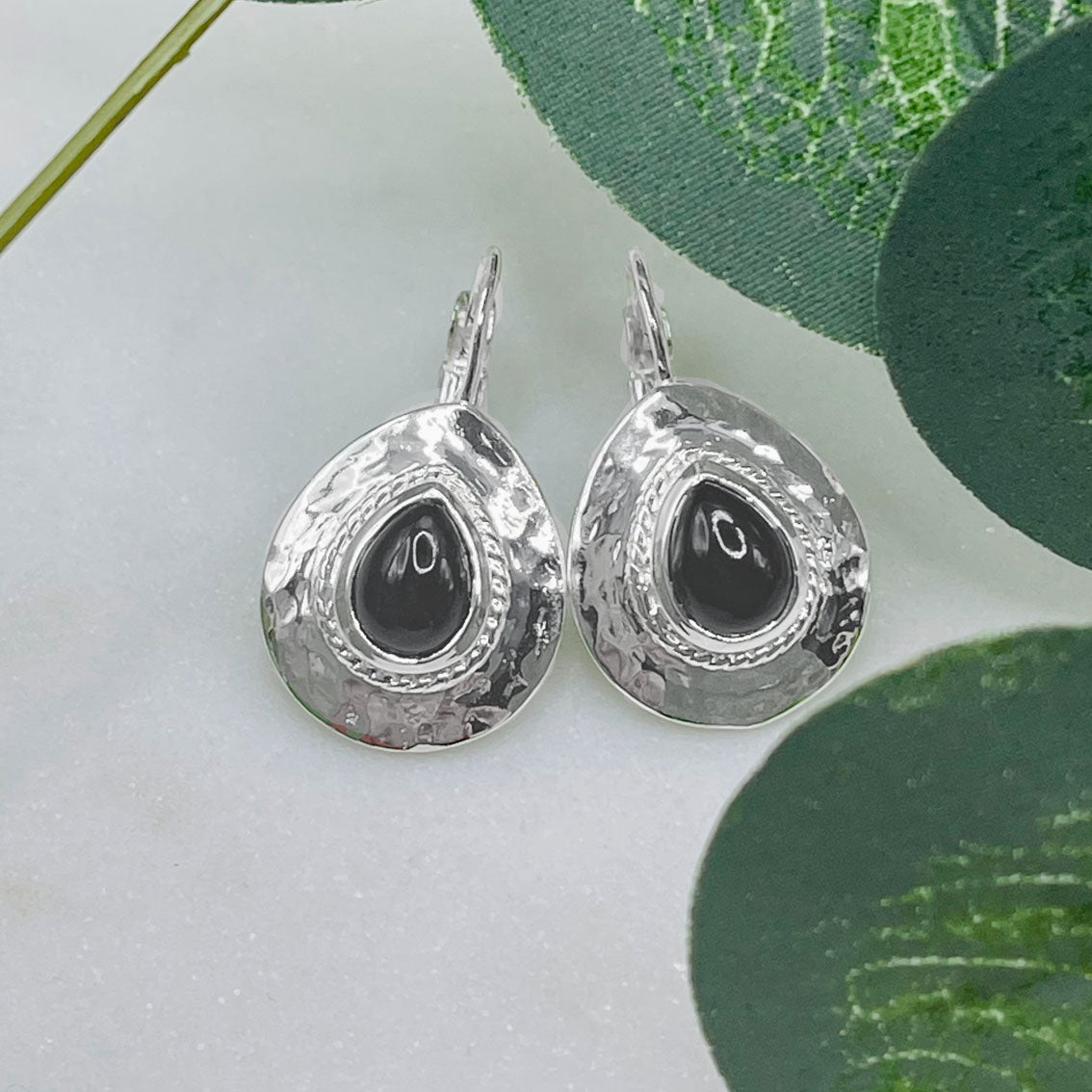 Hängende Silber-Ohrringe mit schwarzem Onyx Vintage Pink Sand Kanema