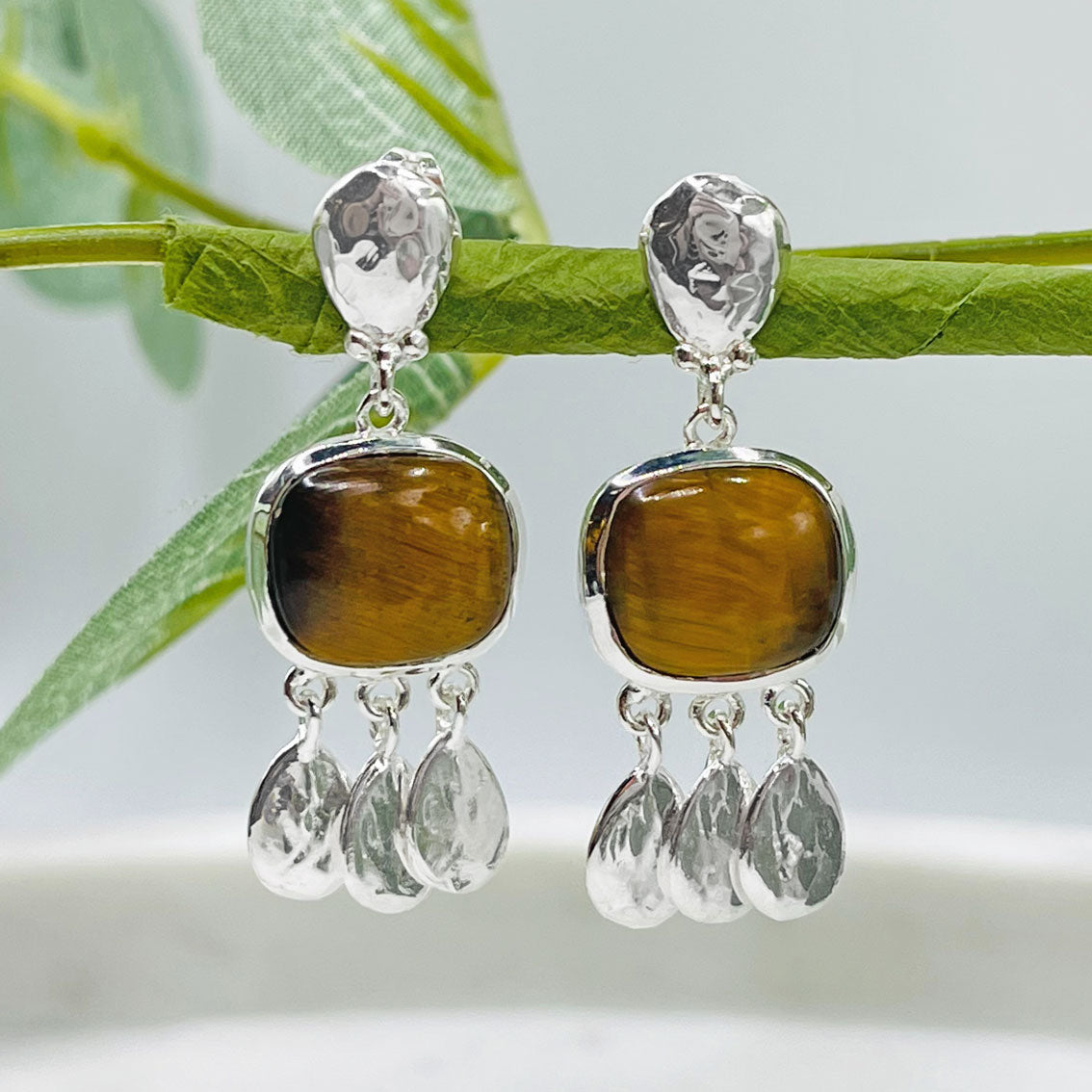 Boho-Chic Ohrringe Silber mit Tigerauge und Anhänger Pink Sand Jaselyn