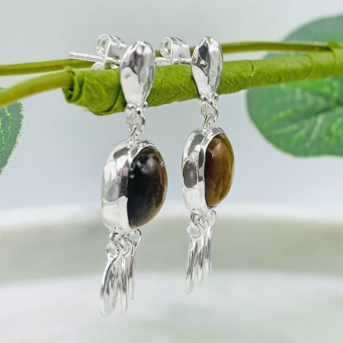 Boho-Chic Ohrringe Silber mit Tigerauge und Anhänger Pink Sand Jaselyn