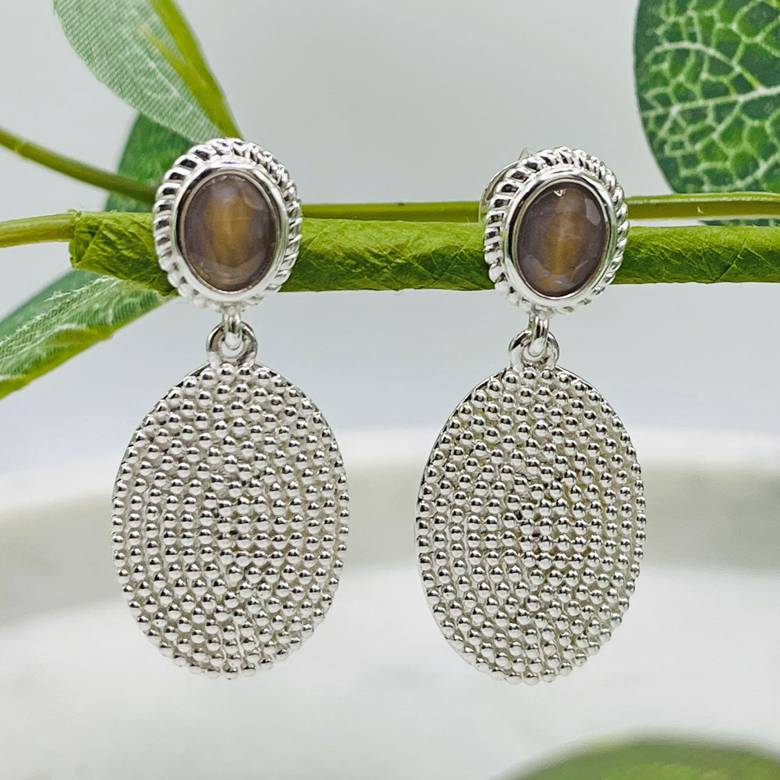 Boho Ohrringe Silber mit braunem Rauchquarz Pink Sand Orne