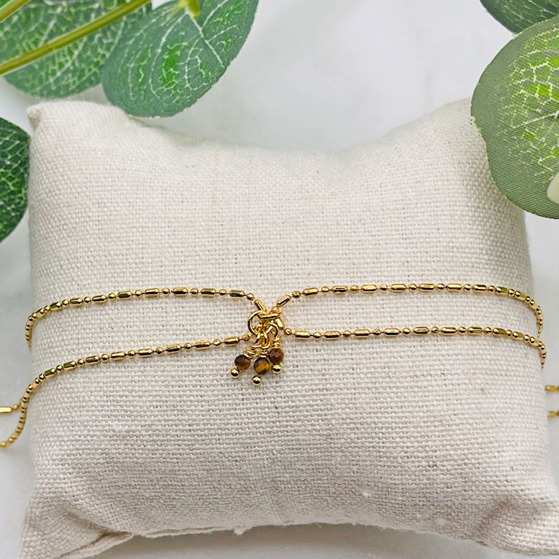 Doppelte Fusskette Gold mit Tigerauge-Anhänger Sorelles