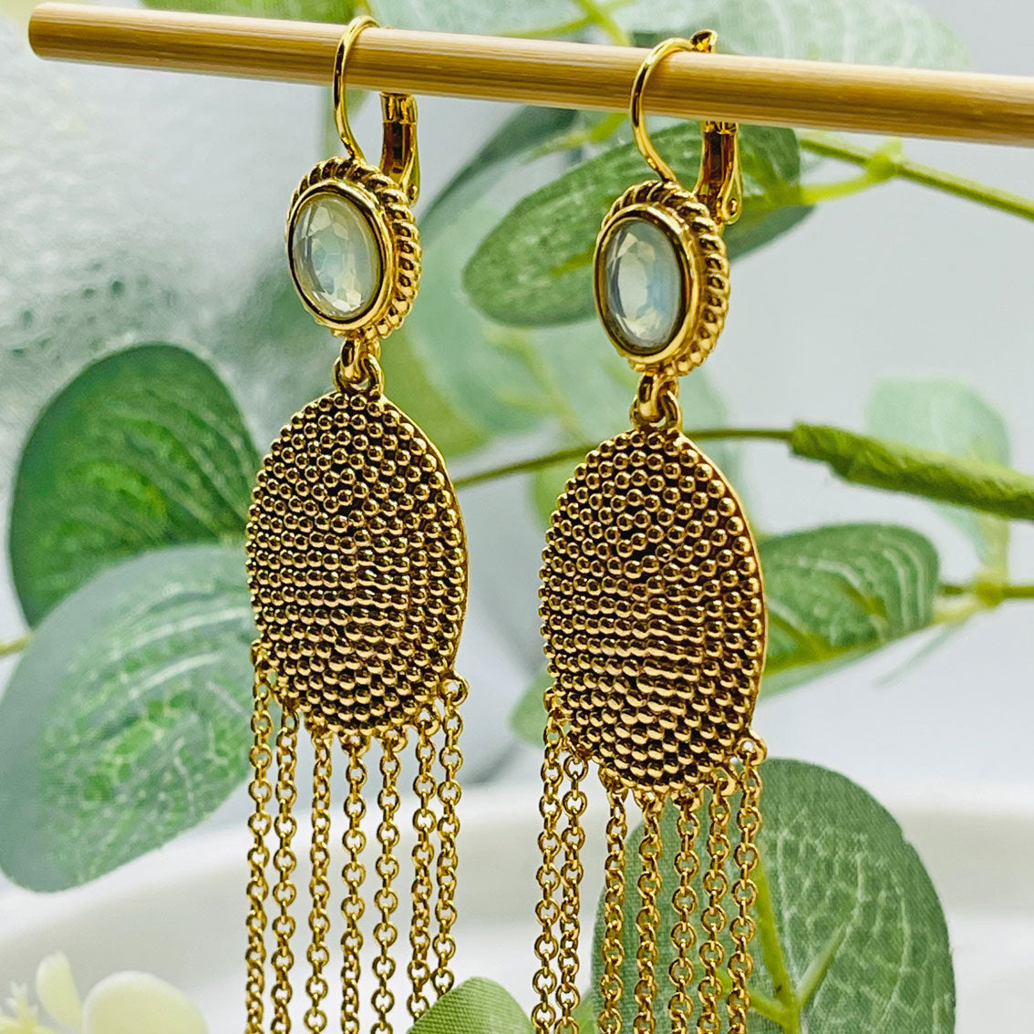 Lange Gold-Ohrringe mit blauem Achat Boho-Style Pink Sand Walonine