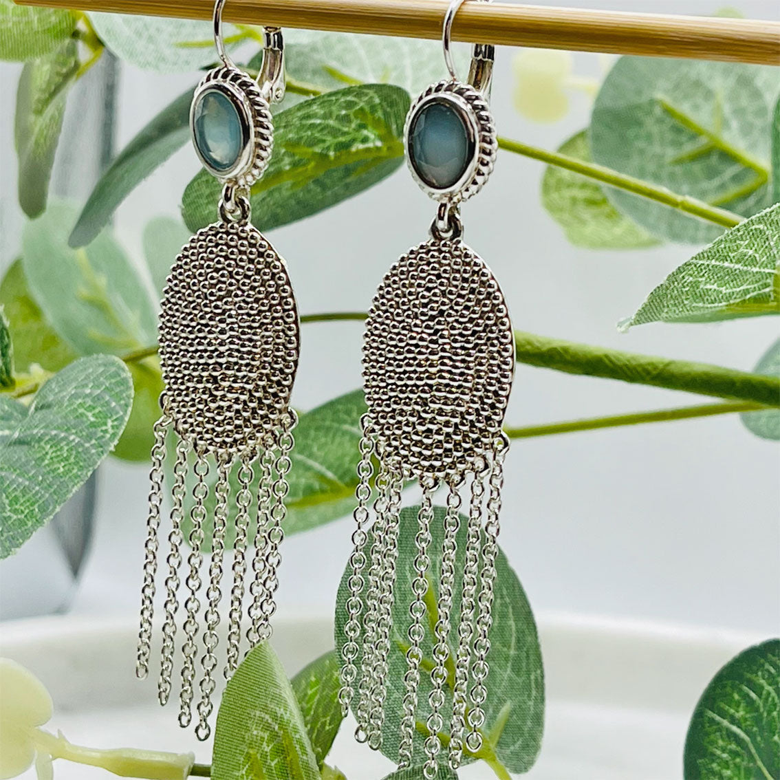 Lange Silber-Ohrringe mit blauem Achat Boho-Style Pink Sand Celestyne