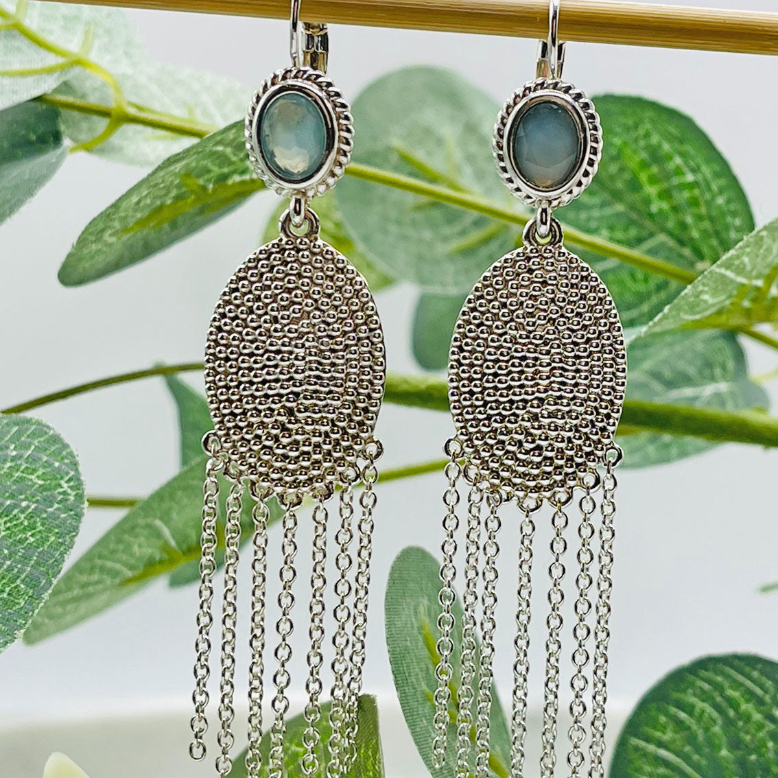 Lange Silber-Ohrringe mit blauem Achat Boho-Style Pink Sand Celestyne