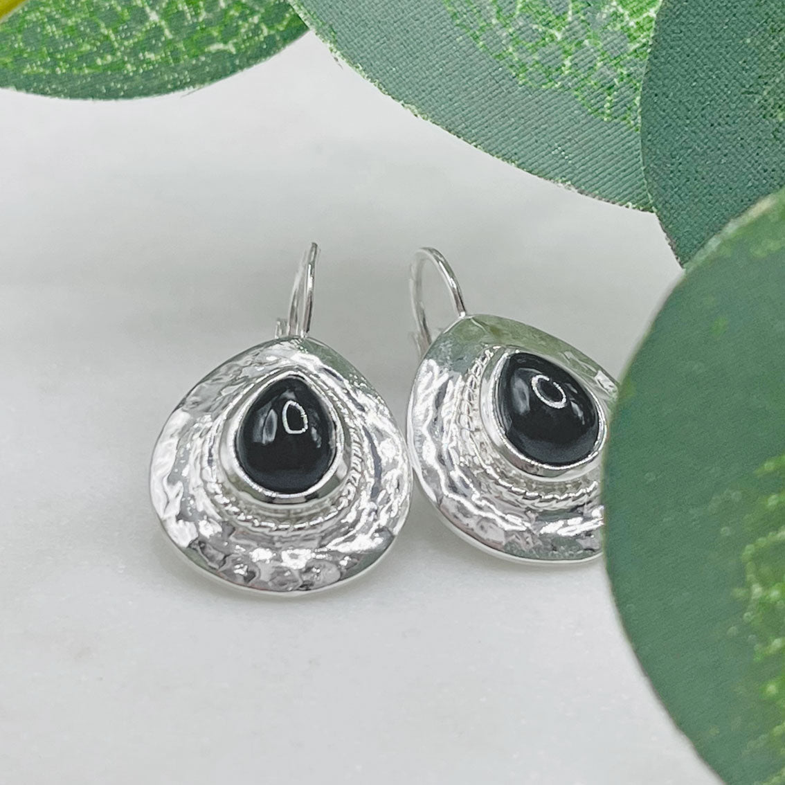 Hängende Silber-Ohrringe mit schwarzem Onyx Vintage Pink Sand Kanema